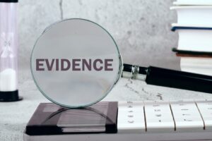 A magnifying glass focuses on the word 'evidence' on a document, asking the question, 'What evidence do I need to prove an Uber or Lyft accident?' 