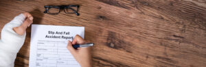 A woman filling out a slip and fall accident report. A lawyer can explain how you prove negligence in a slip and fall claim.