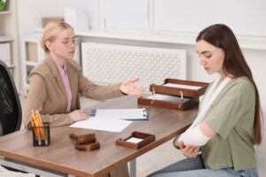 Injured woman meeting with her attorney. A truck accident lawyer will tell you how much they cost during your initial consultation.
