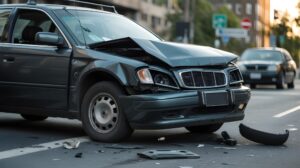 Damaged car after a T-bone accident, with a motorist who was involved nearby and wondering what the average payout may be from the incident.