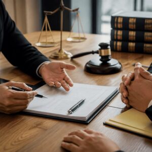 Lawyer meets with client to explain shoulder pain compensation after a car accident.