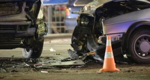 Wrecked truck and car after a t-bone accident